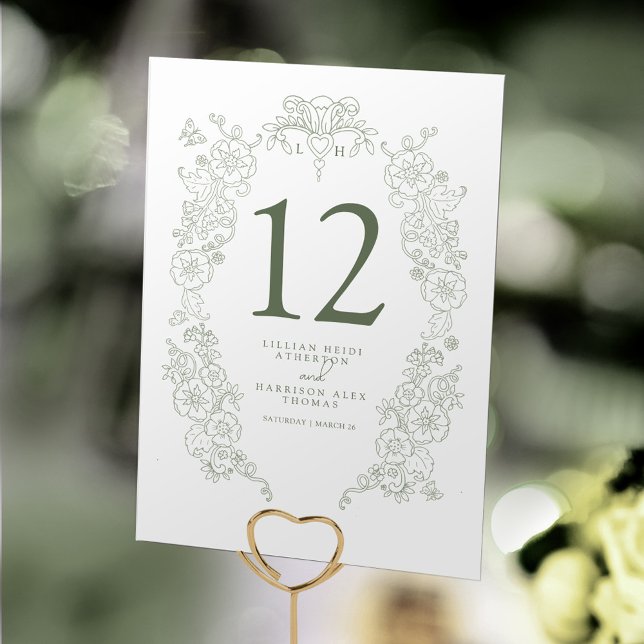 Spring Fleur de lis wedding sage green white art  Table Number (Creator Uploaded)