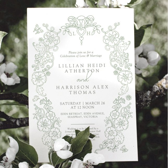 Spring Fleur de lis wedding sage green white Invitation (Creator Uploaded)