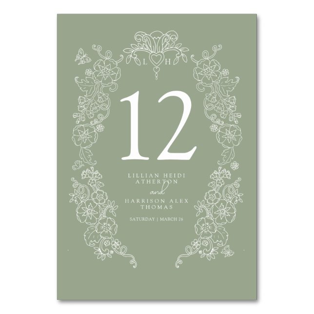 Spring Fleur de lis wedding sage green white  Table Number (Front)