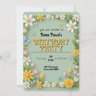 Spring Floral and Butterfly Over Green Invitation
