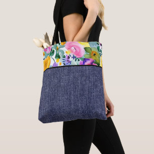 Spring floral and denim tote bag