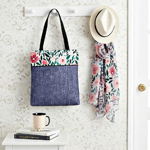 Spring floral and denim tote bag