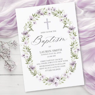Spring Floral Baptism Cross Christening Invitation