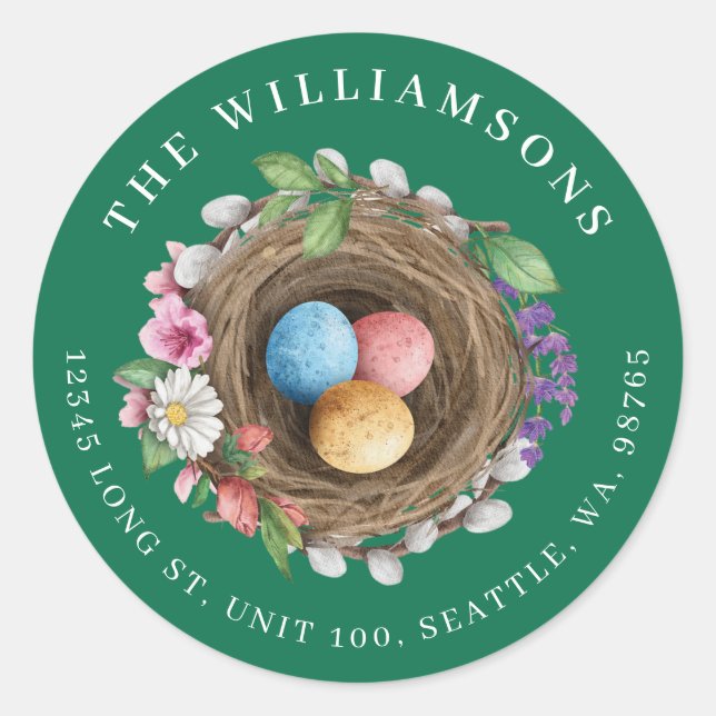 Spring Floral Bird Nest & Painted Eggs Classic Round Sticker (Front)