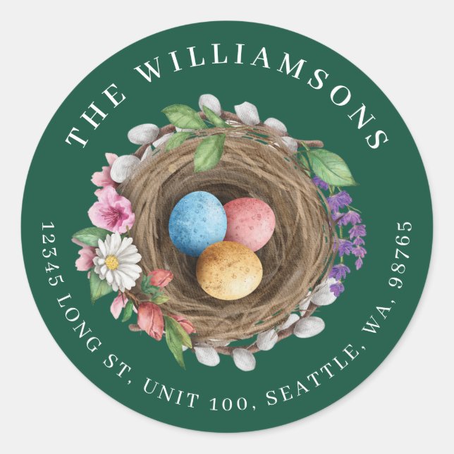 Spring Floral Bird Nest & Painted Eggs Green Classic Round Sticker (Front)