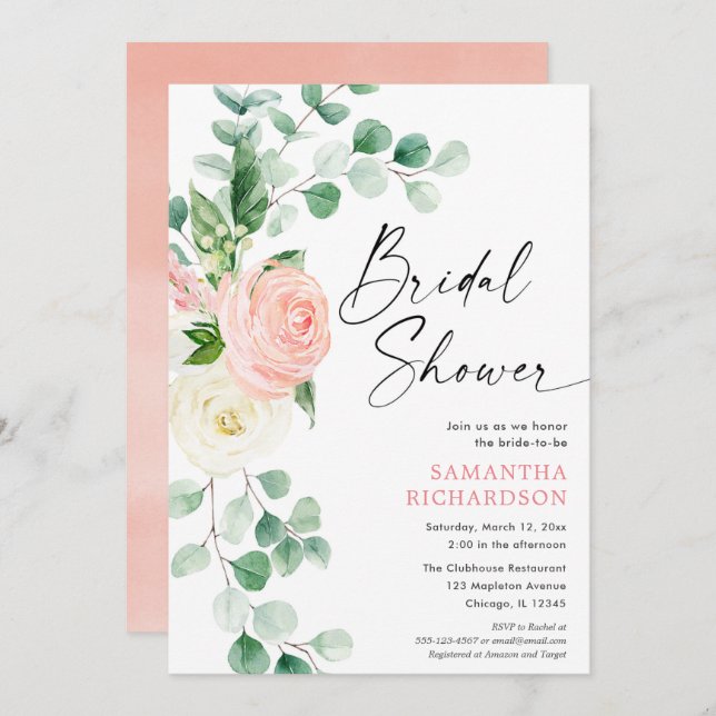 Spring floral blush pink greenery bridal shower invitation (Front/Back)