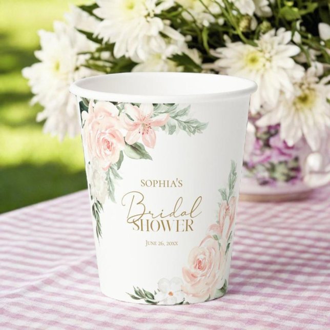 Spring Floral Blush Pink Sage Green Bridal Shower Paper Cups (Creator Uploaded)