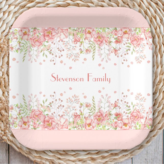 Spring Floral Border Pink Peach Family Name Paper Plate (Spring Floral Border Pink Peach Family Name Paper Plates)
