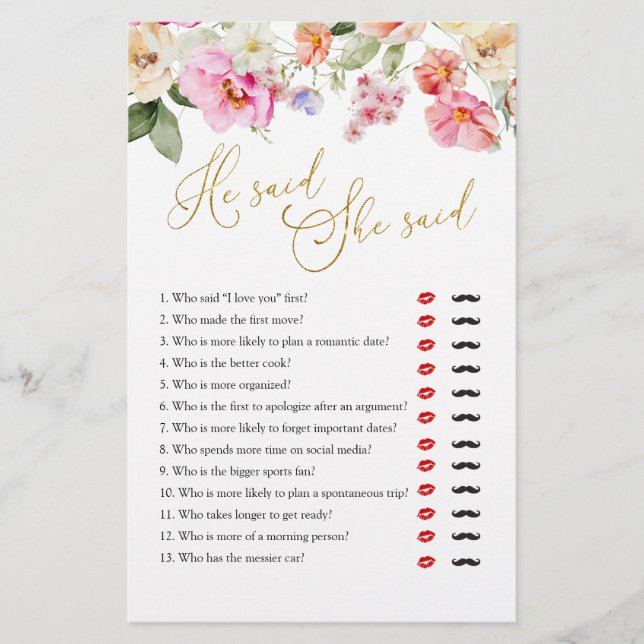 Spring Floral Bridal Shower He Said She Said Game (Front)