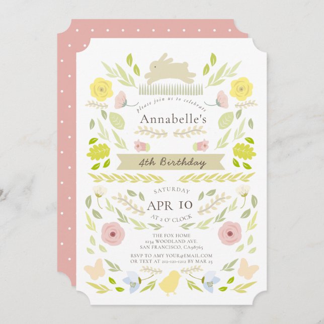 Spring Floral Bunny Pink Girl Birthday Invitation (Front/Back)