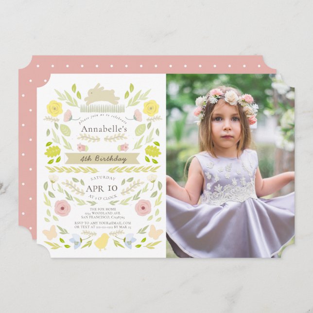 Spring Floral Bunny Pink Girl Photo Birthday Invitation (Front/Back)