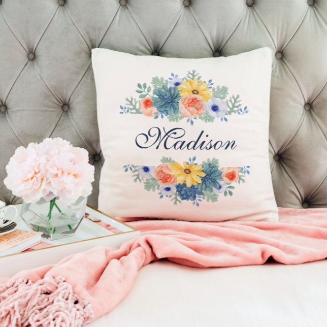 Spring Floral Chic Modern Personalised Name Cushion (Creator Uploaded)