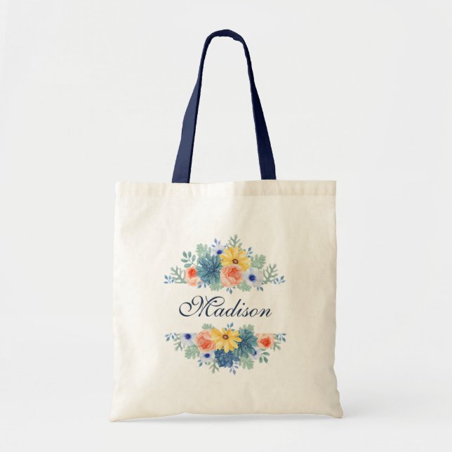 Spring Floral Chic Modern Personalised Name Tote Bag (Front)