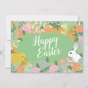 Spring Floral Clover Duck Happy Easter Bunny  Holiday Card