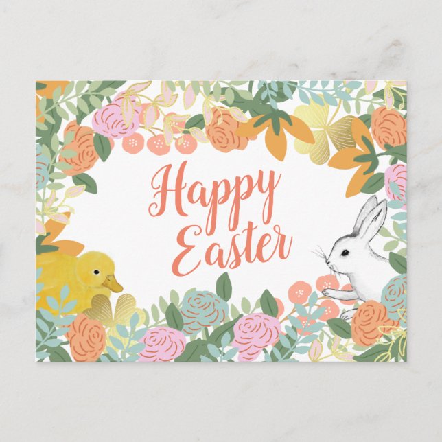 Spring Floral Clover Duck Happy Easter Bunny Holiday Postcard (Front)