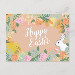 Spring Floral Clover Duck Happy Easter Bunny  Holiday Postcard