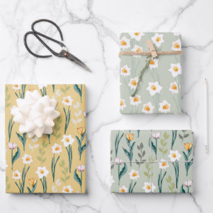Spring Floral Daffodil and Tulip Pattern Wrapping Paper Sheet