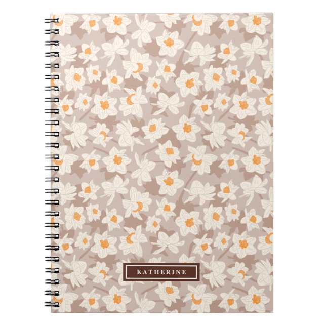 Spring Floral Daffodil Blooms | Brown Personalised Notebook (Front)