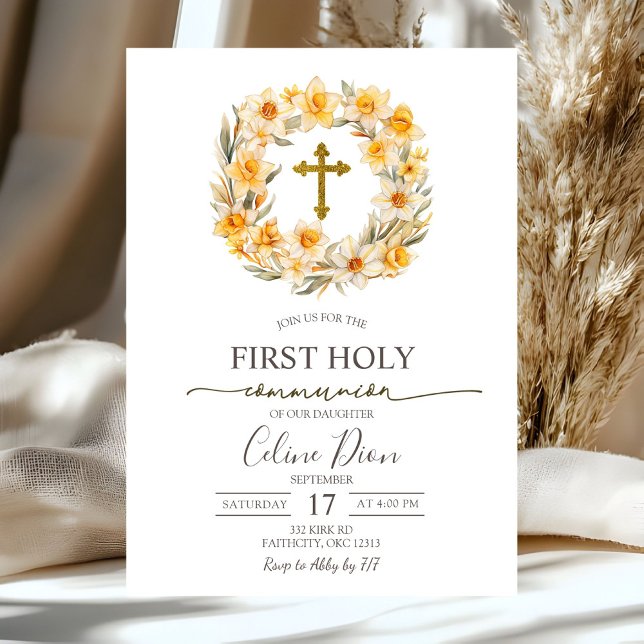 Spring Floral Daffodil Wreath 1st Holy Communion Invitation (Creator Uploaded)
