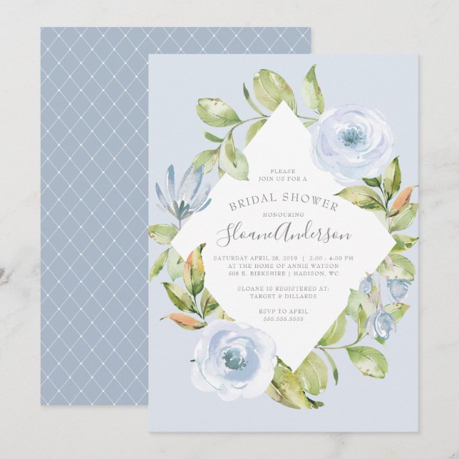 Spring Floral Diamond Dusty Blue Bridal Shower Invitation (Front/Back)