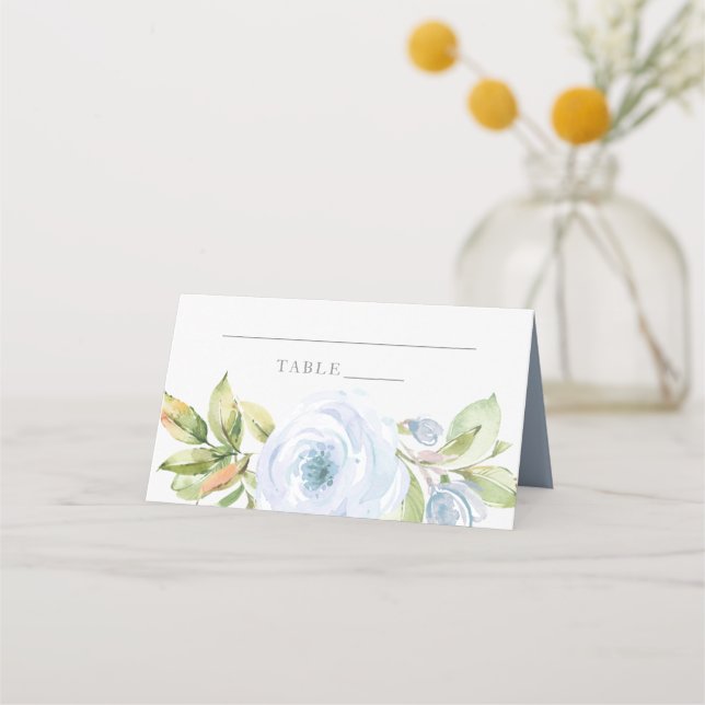 Spring Floral Dusty Blue Wedding Place Card (Front)