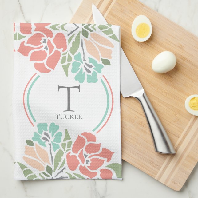 Spring Floral Family Monogram Kitchen or Tea Towel (Quarter Fold)