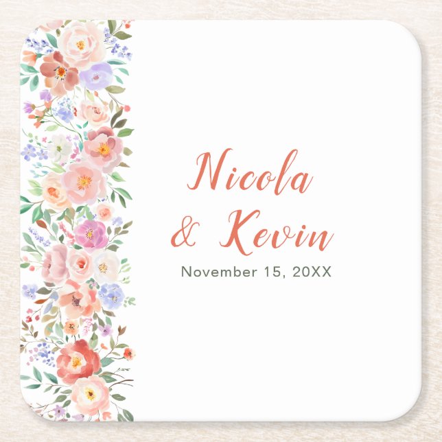 Spring Floral Flowers Wedding  Square Paper Coaster (Front)