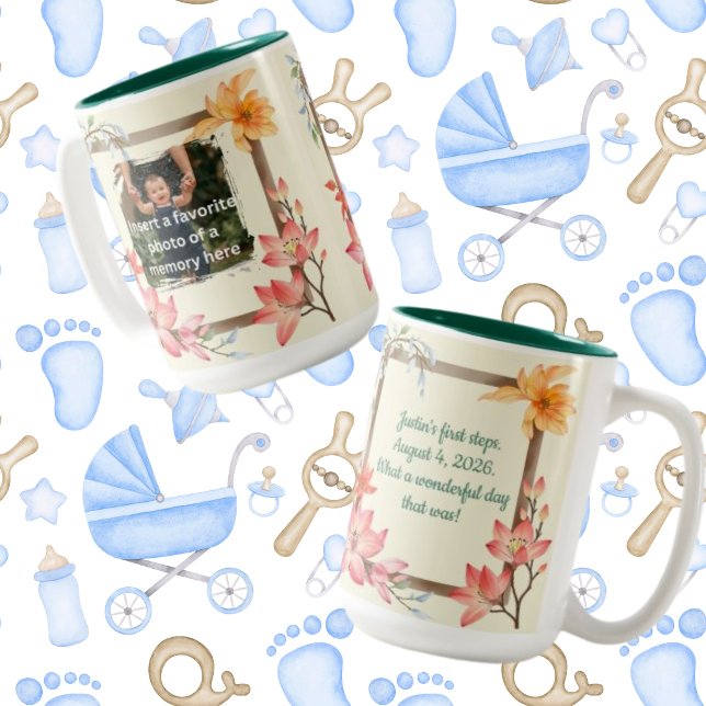 Spring Floral Frame Customisable Photo Text Two-Tone Coffee Mug (Creator Uploaded)