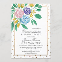 Spring Floral Gold Confetti Watercolor Quinceañera