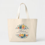 Spring Floral Modern Personalised Name | Wedding Large Tote Bag<br><div class="desc">This modern design features a spring floral in pretty coral, yellow, teal and navy blue with your personalised name with "Mother of the Bride" below in navy blue typography. Personalise by editing the text in the text box provided. #wedding #weddings #motherofthebride #motherofthebridegifts #bridalparty #bridalpartygifts #favours #gifts #floral #flowers #botanical #personalised...</div>