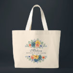 Spring Floral Modern Personalised Name | Wedding Large Tote Bag<br><div class="desc">This modern design features a spring floral in pretty coral, yellow, teal and navy blue with your personalised name with "Mother of the Groom" below in navy blue typography. Personalise by editing the text in the text box provided. #wedding #weddings #motherofthegroom #motherofthegroomgifts #bridalparty #bridalpartygifts #favours #gifts #floral #flowers #botanical #personalised...</div>