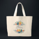 Spring Floral Modern Personalised Name | Wedding Large Tote Bag<br><div class="desc">This modern design features a spring floral in pretty coral, yellow, teal and navy blue with your personalised name with "Maid of Honour" below in navy blue typography. Personalise by editing the text in the text box provided. #wedding #weddings #maidofhonor #maidofhonorgifts #bridesmaidgifts #bridalparty #bridalpartygifts #favours #gifts #floral #flowers #botanical #personalised...</div>