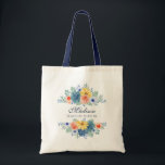 Spring Floral Modern Personalised Name | Wedding Tote Bag<br><div class="desc">This modern design features a spring floral in pretty coral, yellow, teal and navy blue with your personalised name with "Maid of Honour" below in navy blue typography. Personalise by editing the text in the text box provided. #wedding #weddings #maidofhonor #maidofhonorgifts #bridesmaidgifts #bridalparty #bridalpartygifts #favours #gifts #floral #flowers #botanical #personalised...</div>