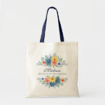 Spring Floral Modern Personalised Name | Wedding Tote Bag<br><div class="desc">This modern design features a spring floral in pretty coral, yellow, teal and navy blue with your personalised name with "Mother of the Groom" below in navy blue typography. Personalise by editing the text in the text box provided. #wedding #weddings #motherofthegroom #motherofthegroomgifts #bridalparty #bridalpartygifts #favours #gifts #floral #flowers #botanical #personalised...</div>