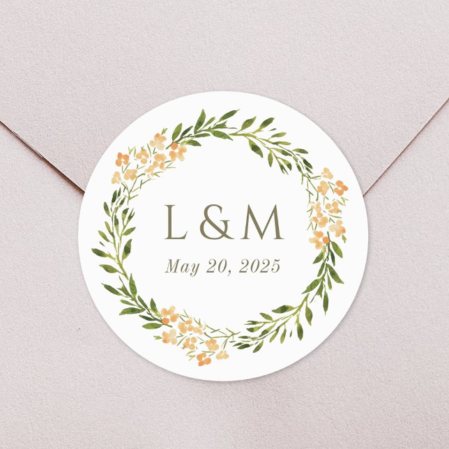 Spring Floral Monogram Wedding Classic Round Sticker (Creator Uploaded)