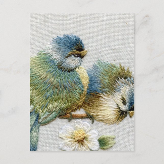 Spring floral pastel mint green embroidery bird postcard (Front)