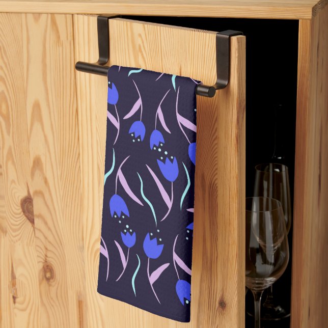 Spring Floral Pattern on Dark Blue Background Tea Towel (Thirds Fold)