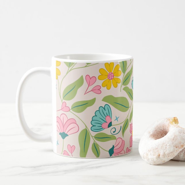 Spring Floral Pattern on Pink Coffee Mug (With Donut)