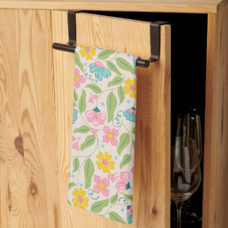 Spring Floral Pattern on Pink Tea Towel