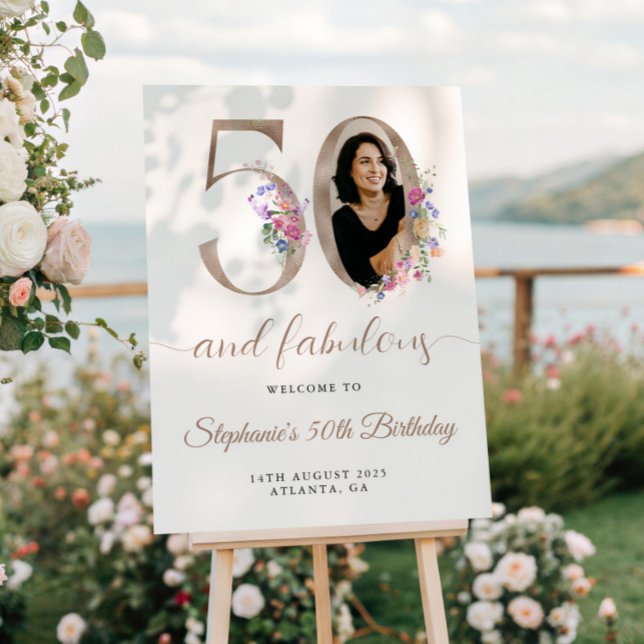Spring Floral Photo 50th Birthday Welcome Poster (Creator Uploaded)