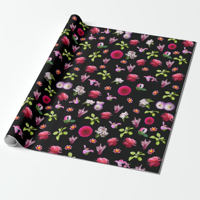 Spring Floral Photo Print Black Background Wrap Wrapping Paper (Unrolled)
