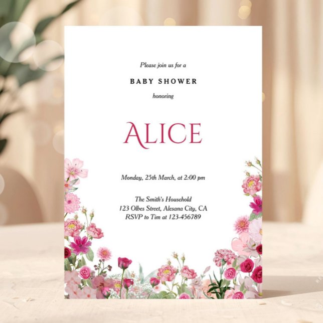 Spring Floral Pink Baby Shower Invitation Chic (Spring Floral baby shower invitation, Pink baby shower invitation, Baby in bloom invitation, Wildflo)