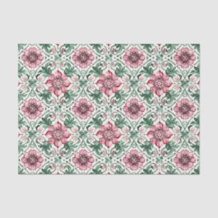 Spring Floral Red Green Tile Pattern Decoupage Tissue Paper