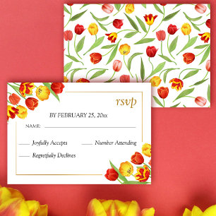 Spring Floral Red & Yellow Tulips White Wedding RSVP Card