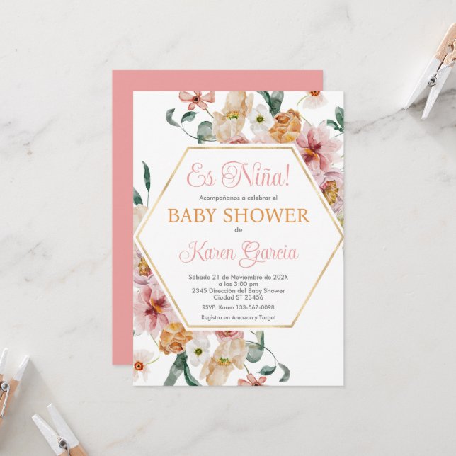 Spring Floral Spanish Baby Shower Girl Invitation (Front/Back In Situ)