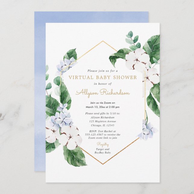 Spring floral Virtual Baby Shower blue white gold Invitation (Front/Back)