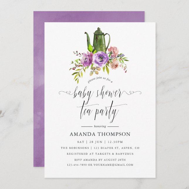 Spring Floral Watercolor Baby Shower Tea Party Invitation (Front/Back)