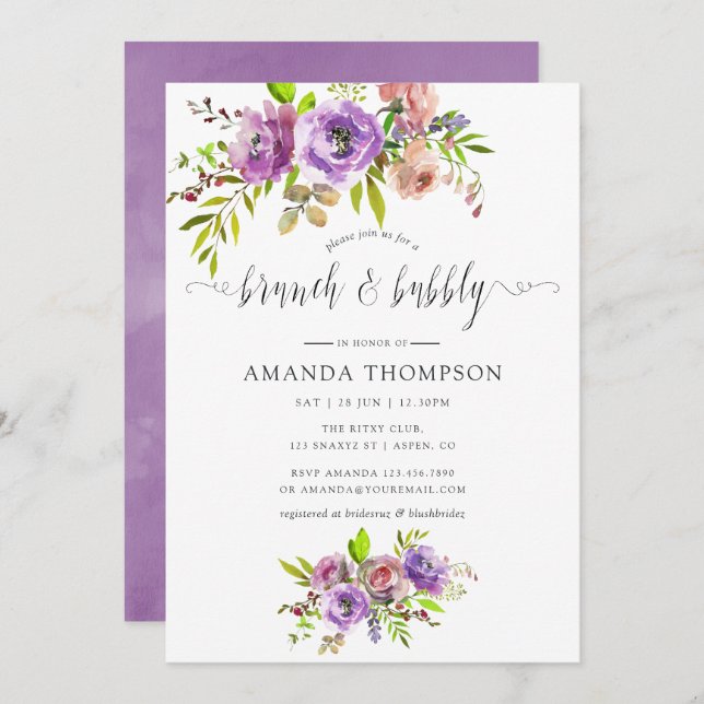 Spring Floral Watercolor Brunch and Bubbly Invitation (Front/Back)