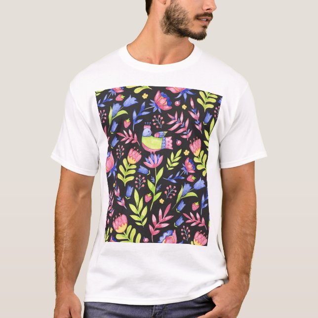 Spring Floral: Watercolor Seamless Pattern T-Shirt (Front)
