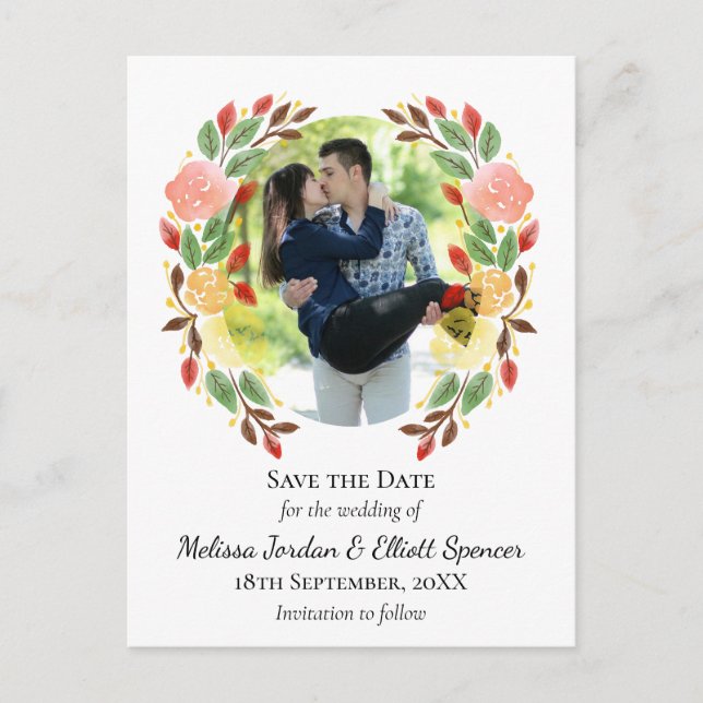Spring Floral Watercolor Wreath Custom Photo Postcard (Front)